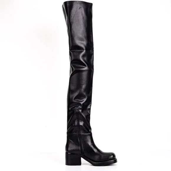 Jeffrey Campbell Women Reflect Square Toe Black Vegan Thigh High Boots sz 7.5